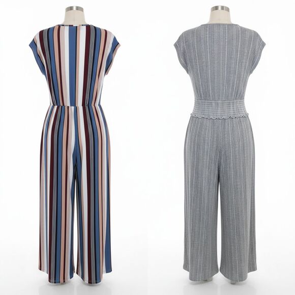 Women’s Jumpsuit Bundle Size M Stripe & Gray Wrap Style Sleeveless 2 Piece Lot - Picture 2 of 10